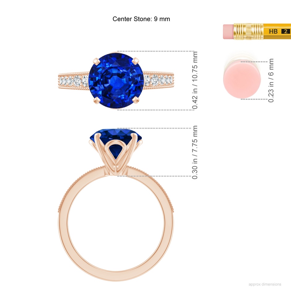 9mm Lab-Grown Vintage Style Round Blue Sapphire Engagement Ring with Accents in Rose Gold ruler