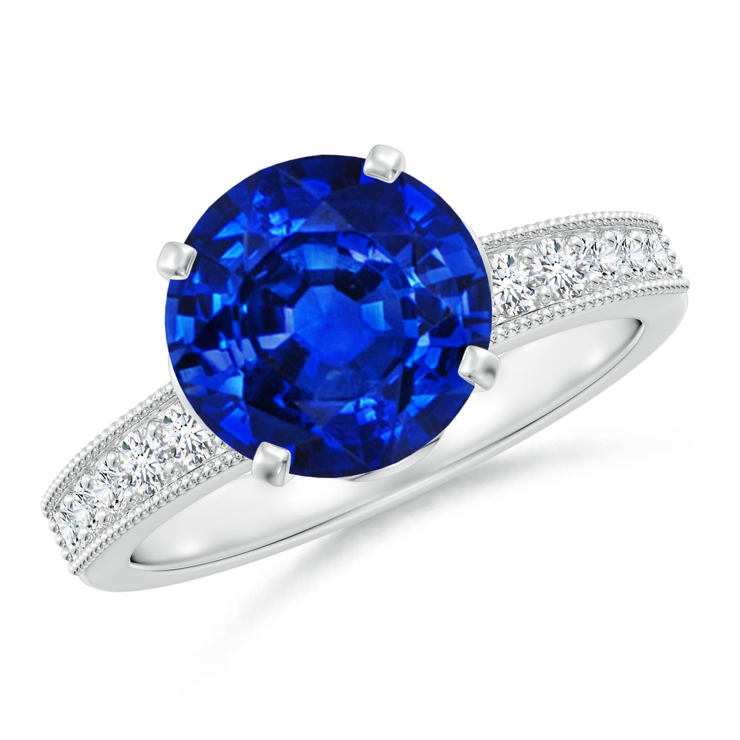9mm AAAA Vintage Style Round Blue Sapphire Engagement Ring with Accents in White Gold