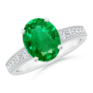 10x8mm AAA Vintage Style Oval Emerald Engagement Ring with Accents in White Gold