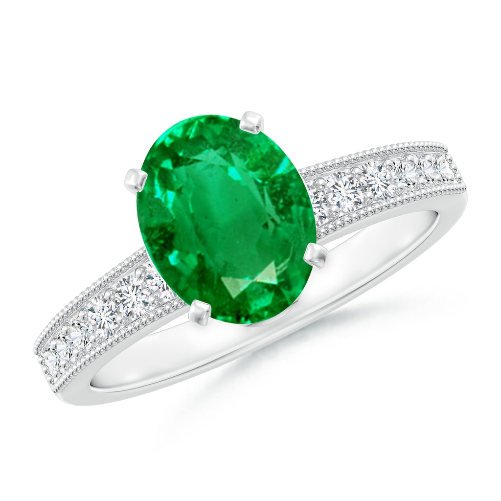 9x7mm AAA Vintage Style Oval Emerald Engagement Ring with Accents in White Gold