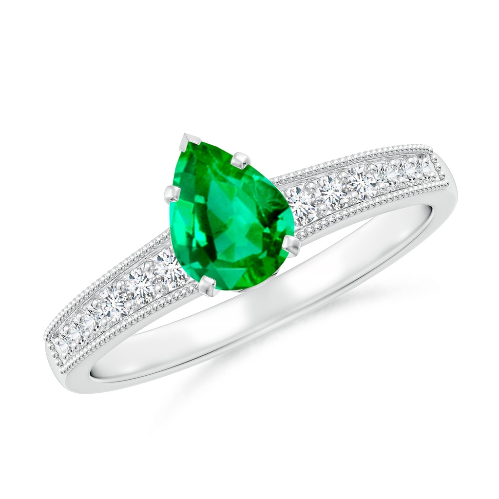 7x5mm AAA Vintage Style Pear-Shaped Emerald Engagement Ring with Accents in White Gold