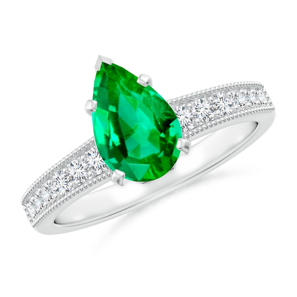 9x7mm AAA Vintage Style Pear-Shaped Emerald Engagement Ring with Accents in White Gold