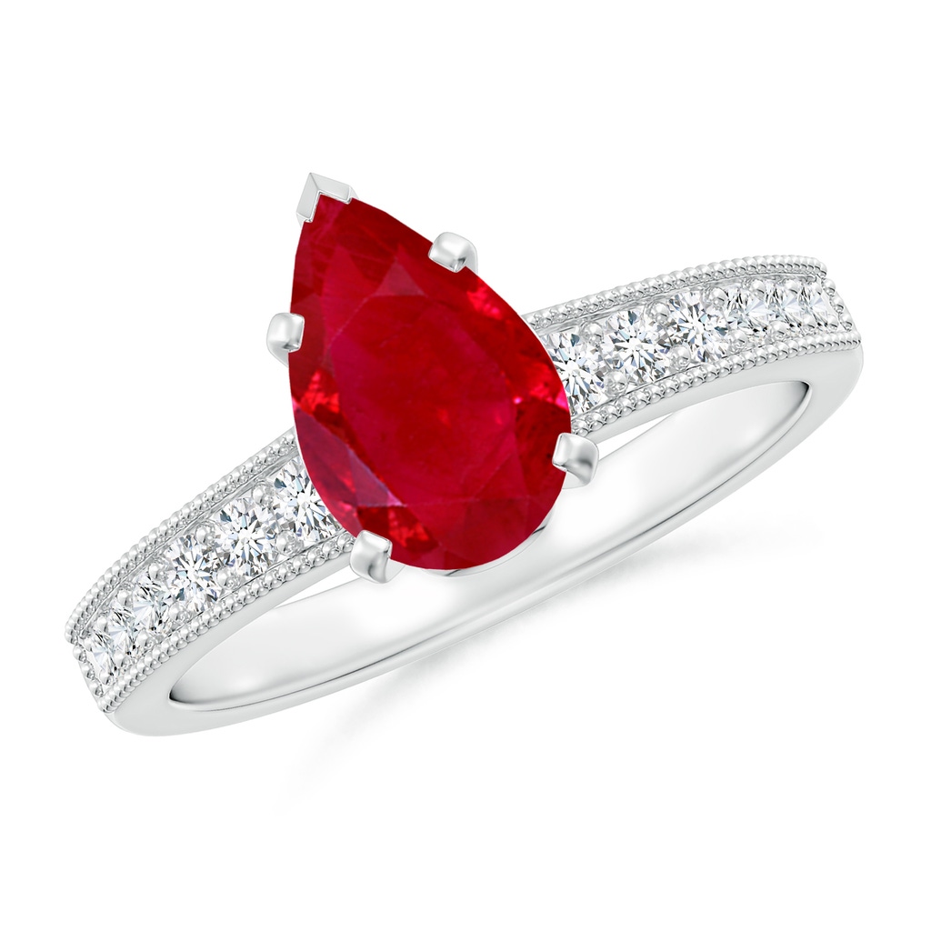 9x7mm AAA Vintage Style Pear-Shaped Ruby Engagement Ring with Accents in White Gold
