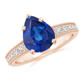 10x8mm AAA Vintage Style Pear-Shaped Blue Sapphire Engagement Ring with Accents in Rose Gold