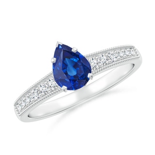7x5mm AAA Vintage Style Pear-Shaped Blue Sapphire Engagement Ring with Accents in White Gold