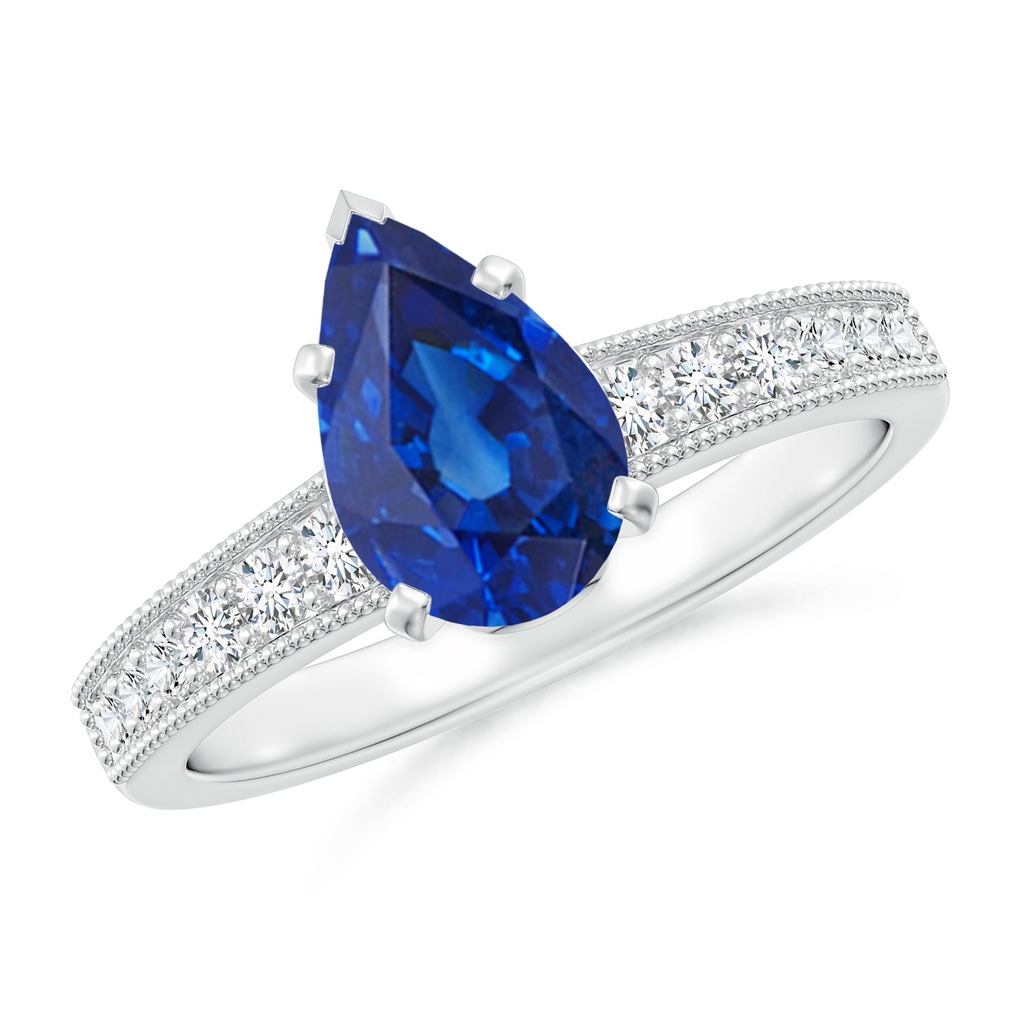 9x7mm AAA Vintage Style Pear-Shaped Blue Sapphire Engagement Ring with Accents in White Gold