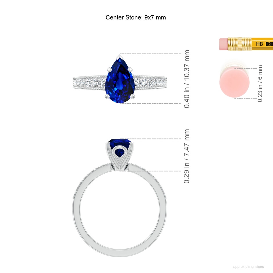 9x7mm Lab-Grown Vintage Style Pear-Shaped Blue Sapphire Engagement Ring with Accents in White Gold ruler