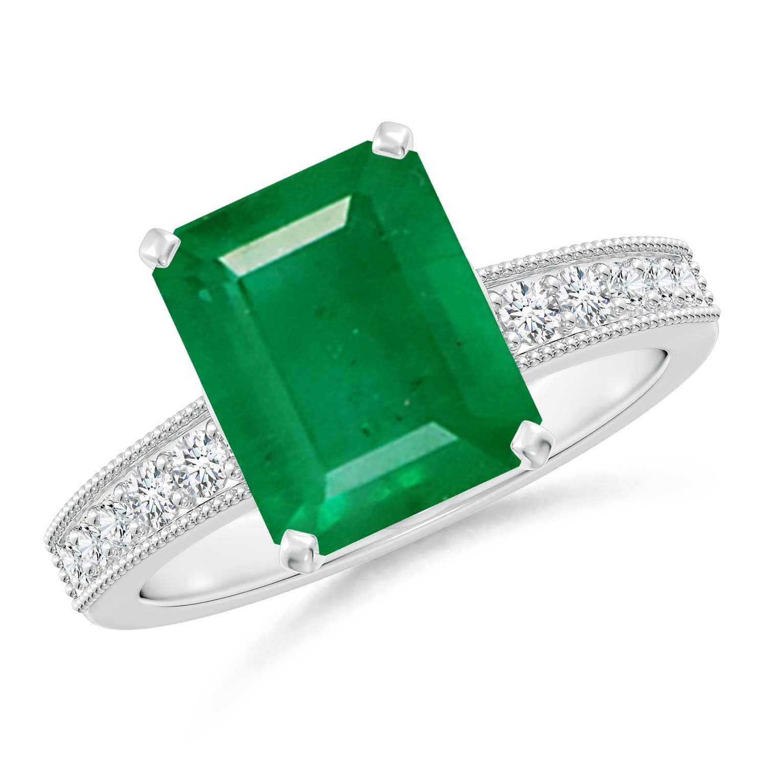 10x8mm AA Vintage Style Emerald-Cut Emerald Engagement Ring with Accents in White Gold