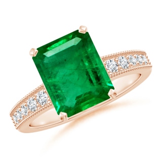 10x8mm AAA Vintage Style Emerald-Cut Emerald Engagement Ring with Accents in 10K Rose Gold