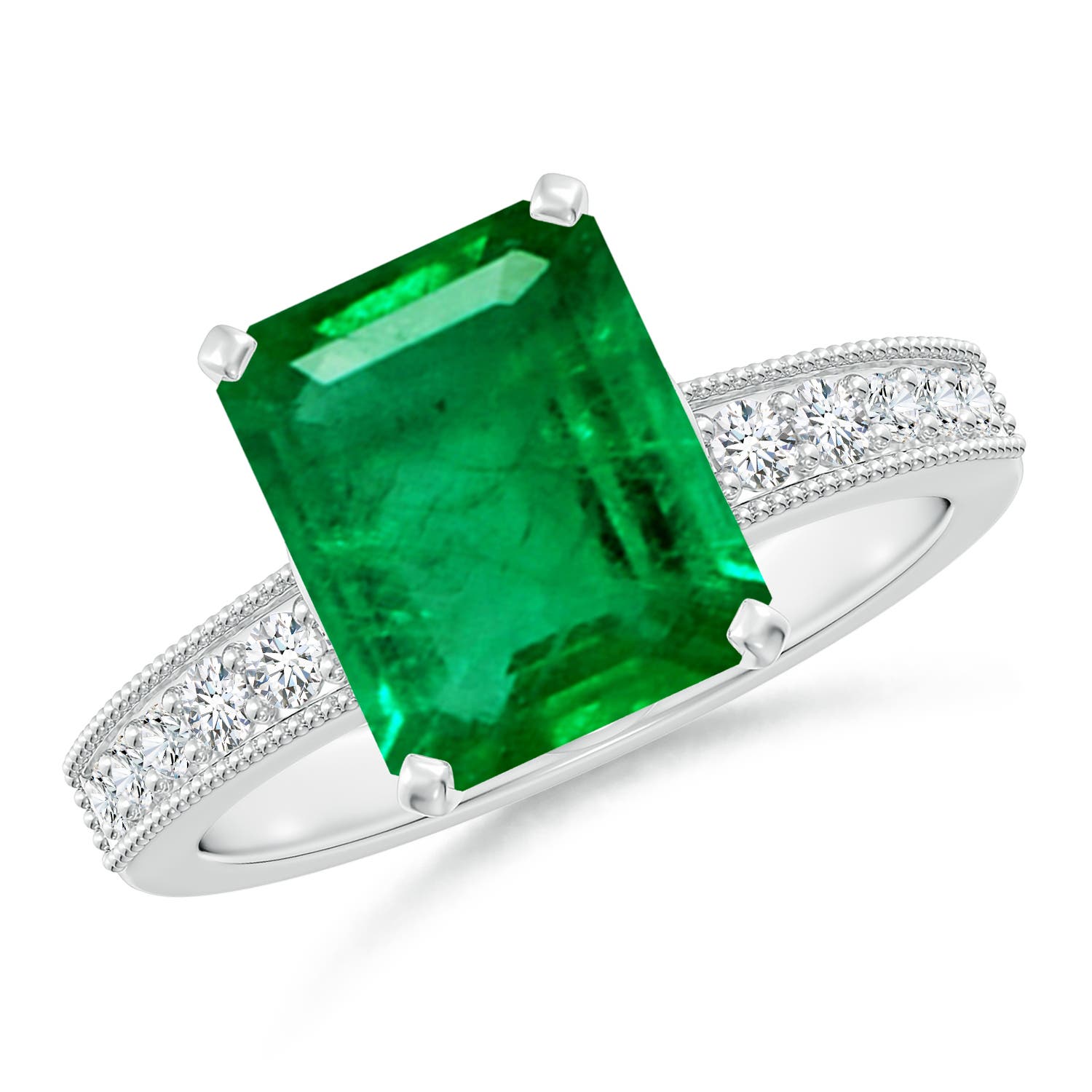 10x8mm AAA Vintage Style Emerald-Cut Emerald Engagement Ring with Accents in White Gold
