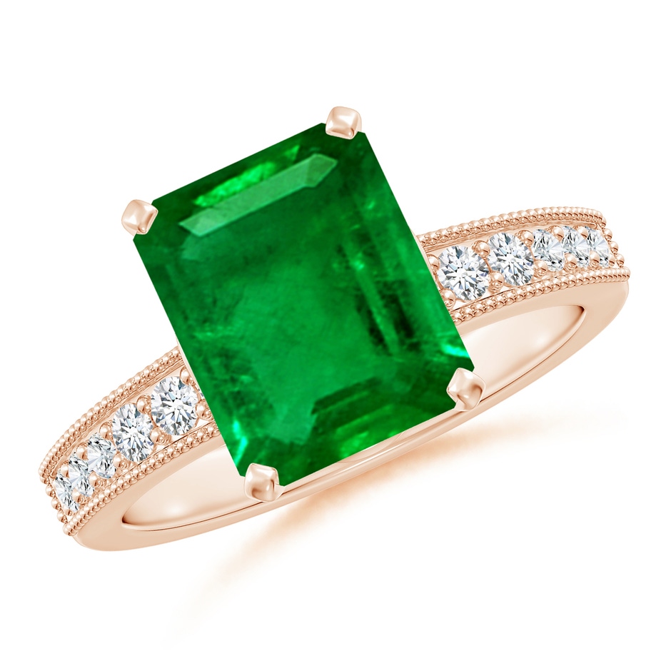 10x8mm AAAA Vintage Style Emerald-Cut Emerald Engagement Ring with Accents in 18K Rose Gold 