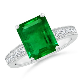 10x8mm AAAA Vintage Style Emerald-Cut Emerald Engagement Ring with Accents in P950 Platinum