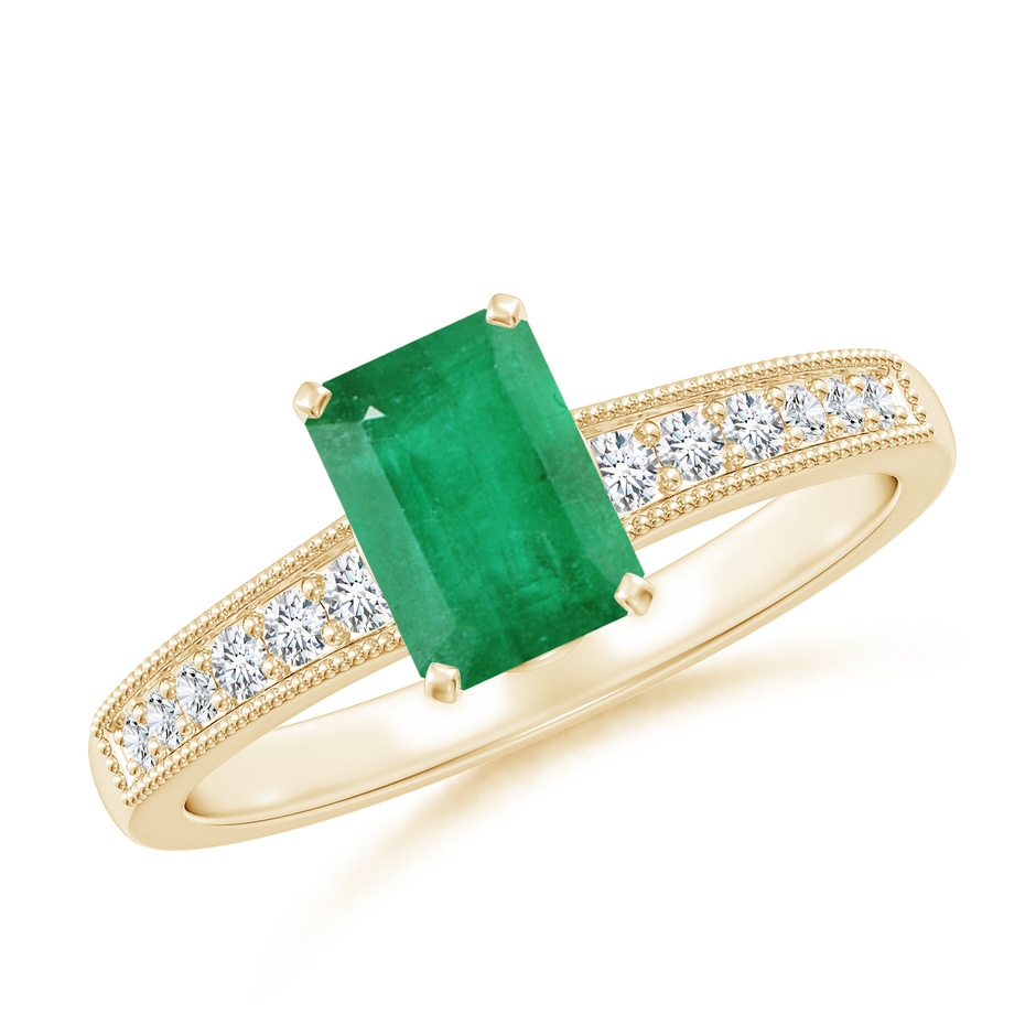 7x5mm A Vintage Style Emerald-Cut Emerald Engagement Ring with Accents in Yellow Gold 