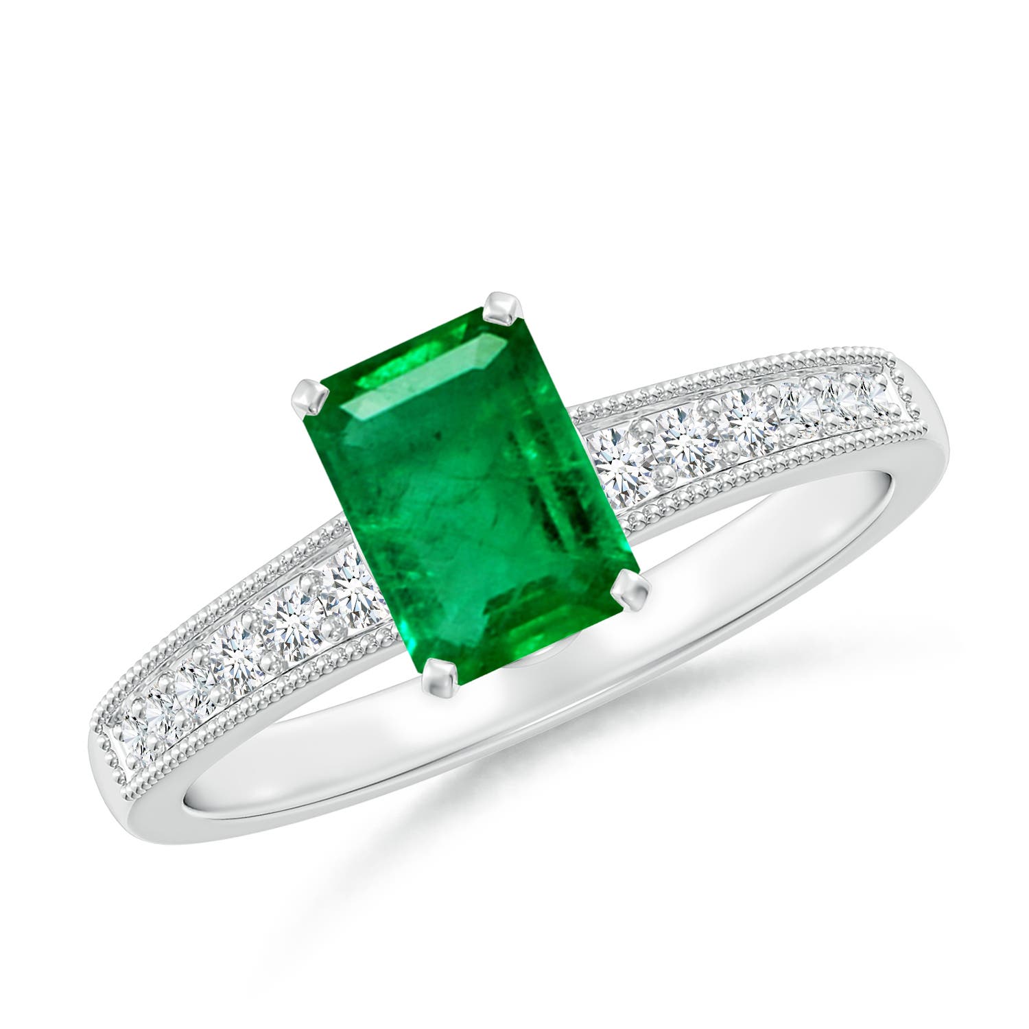 7x5mm AAA Vintage Style Emerald-Cut Emerald Engagement Ring with Accents in P950 Platinum