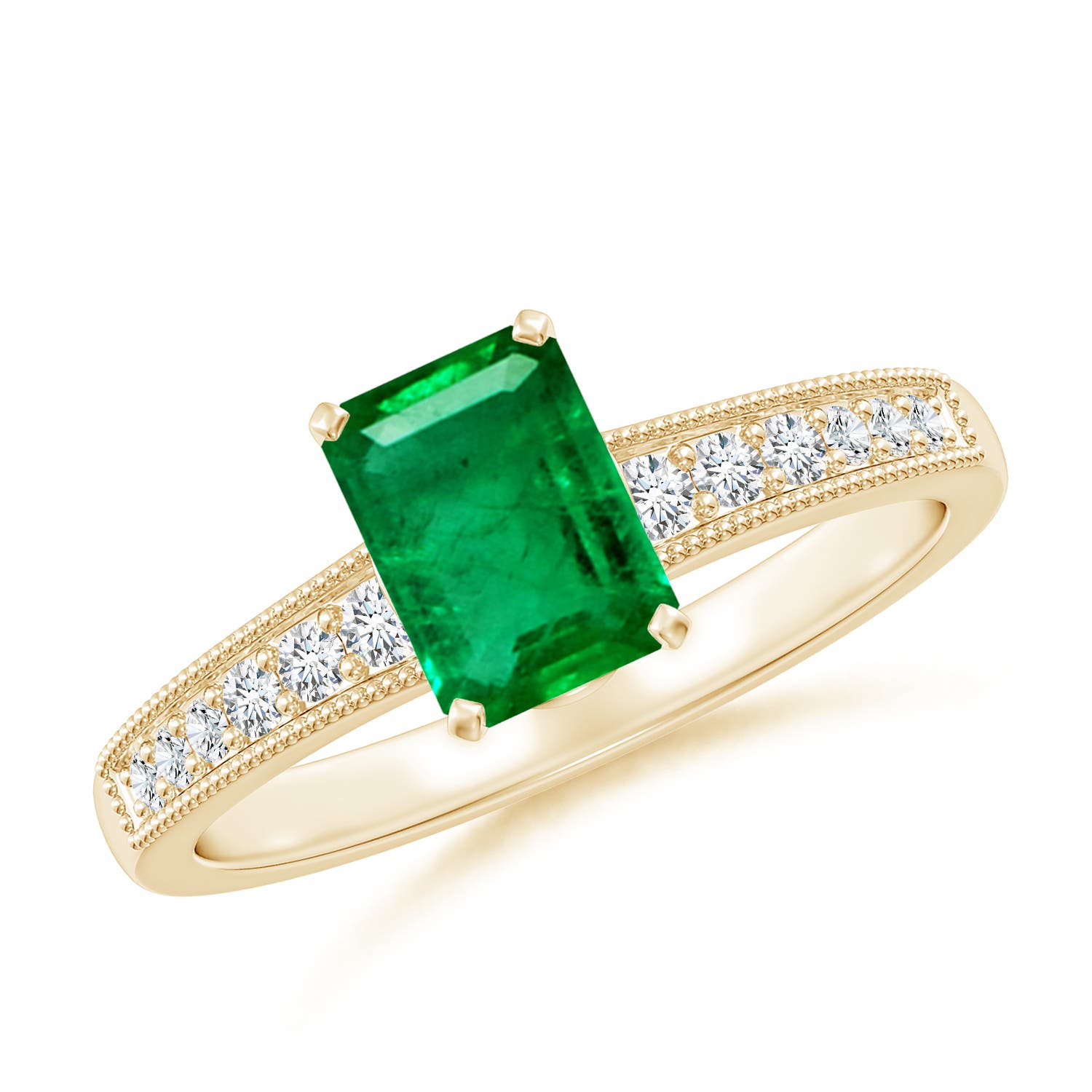 7x5mm AAA Vintage Style Emerald-Cut Emerald Engagement Ring with Accents in Yellow Gold