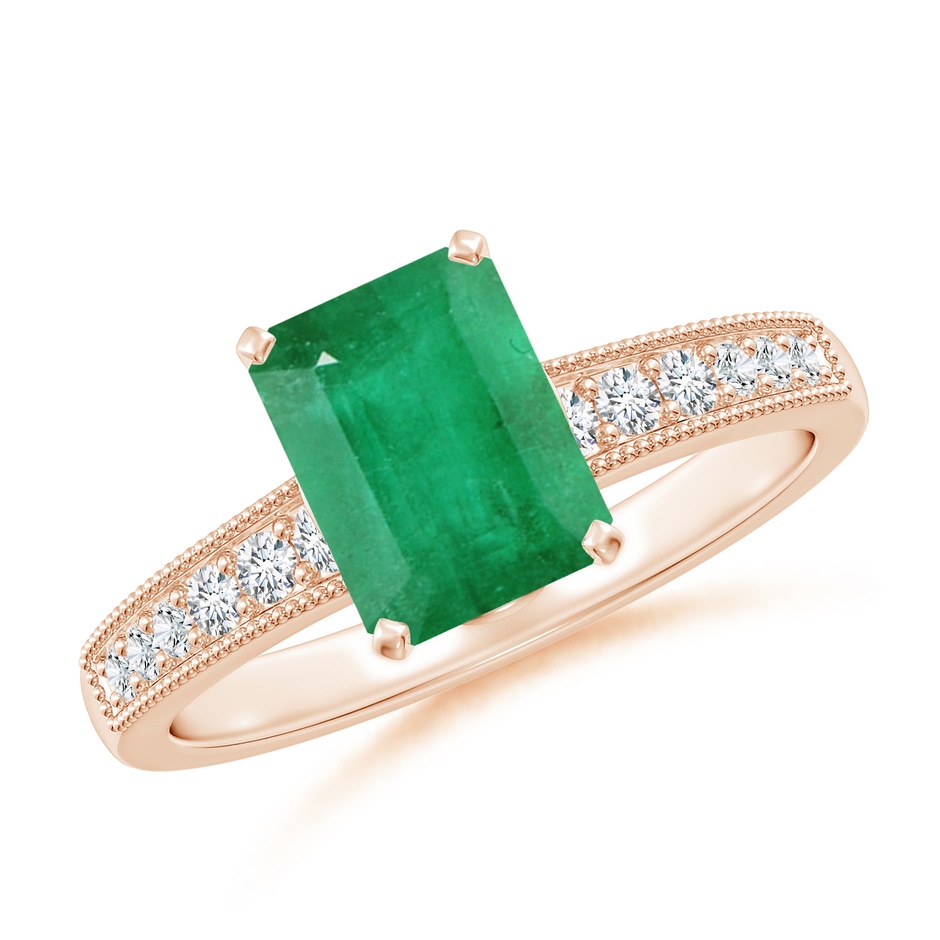 8x6mm A Vintage Style Emerald-Cut Emerald Engagement Ring with Accents in Rose Gold 