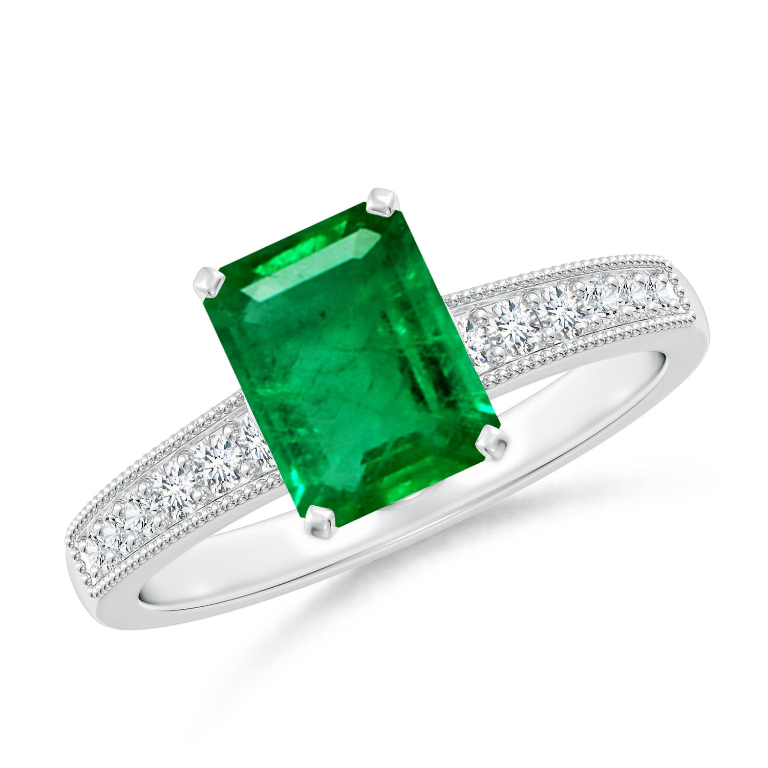 8x6mm AAA Vintage Style Emerald-Cut Emerald Engagement Ring with Accents in White Gold