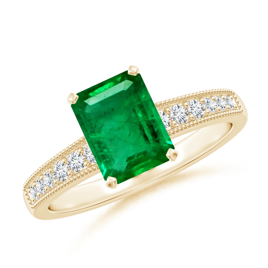 8x6mm AAA Vintage Style Emerald-Cut Emerald Engagement Ring with Accents in Yellow Gold 