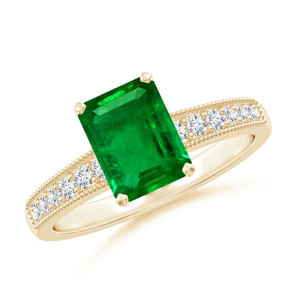 8x6mm AAAA Vintage Style Emerald-Cut Emerald Engagement Ring with Accents in Yellow Gold 