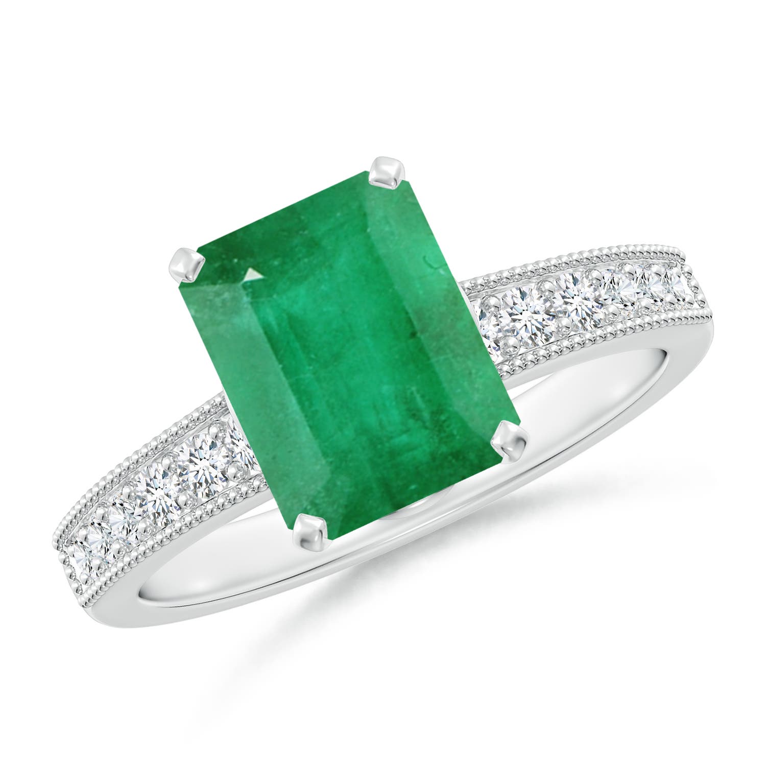 9x7mm A Vintage Style Emerald-Cut Emerald Engagement Ring with Accents in P950 Platinum