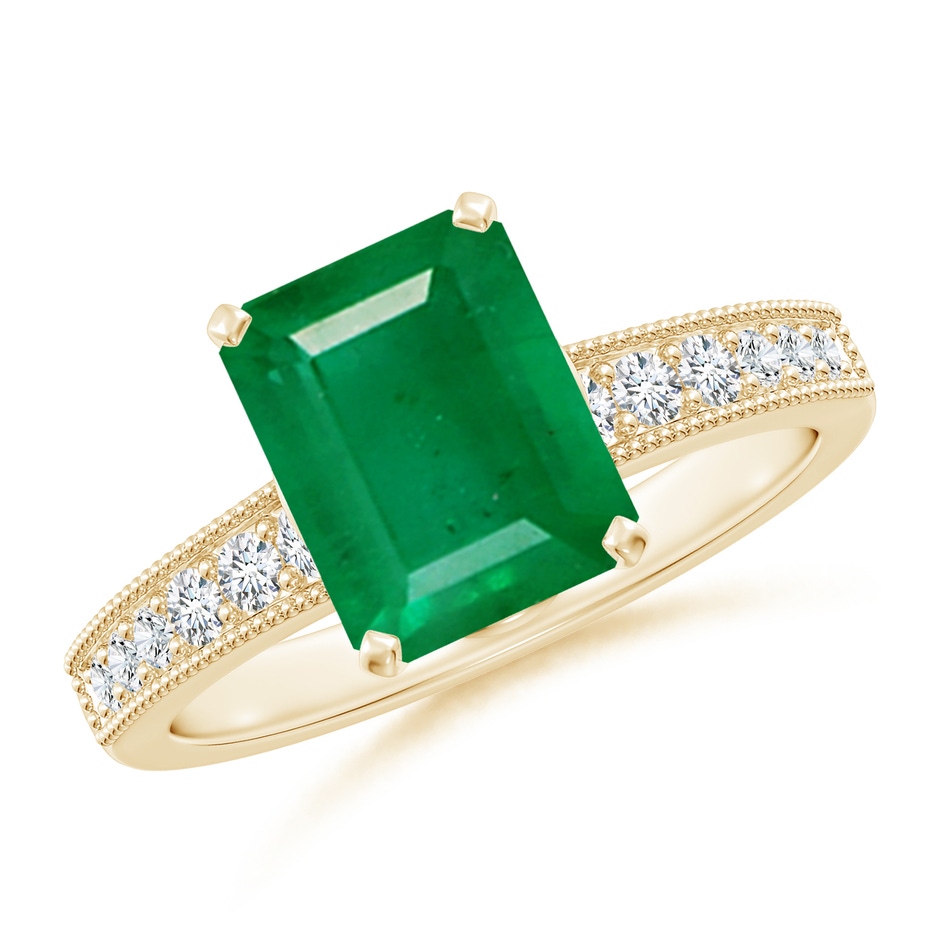 9x7mm AA Vintage Style Emerald-Cut Emerald Engagement Ring with Accents in Yellow Gold 