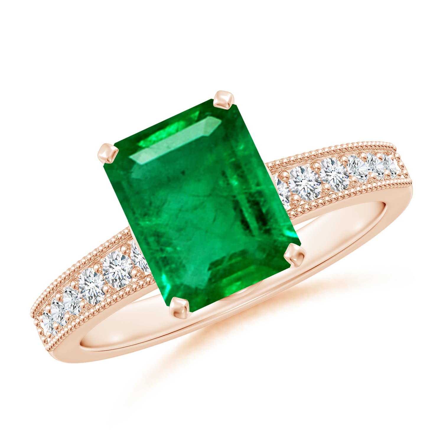 9x7mm AAA Vintage Style Emerald-Cut Emerald Engagement Ring with Accents in 18K Rose Gold