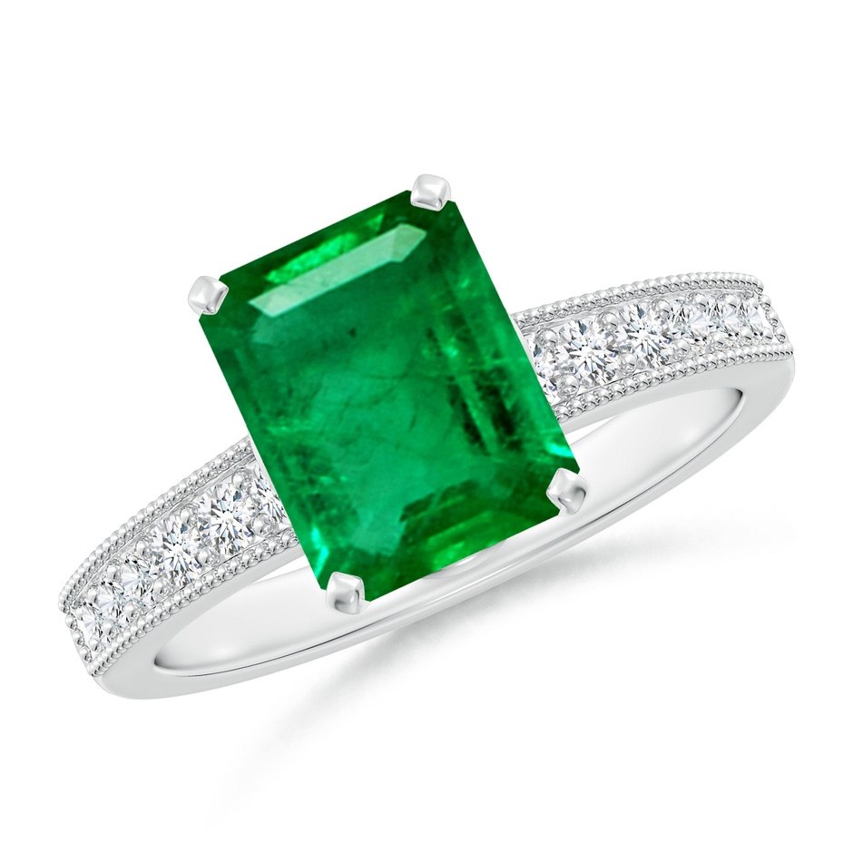 9x7mm AAA Vintage Style Emerald-Cut Emerald Engagement Ring with Accents in White Gold 