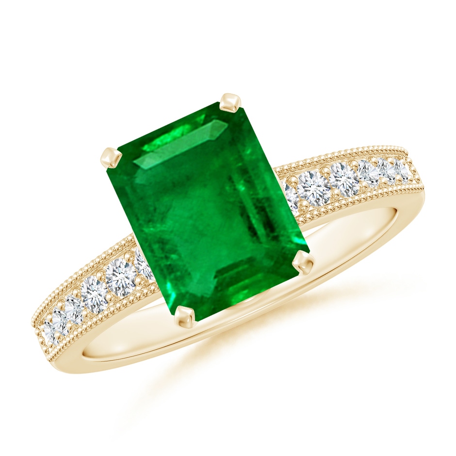 9x7mm AAAA Vintage Style Emerald-Cut Emerald Engagement Ring with Accents in Yellow Gold 