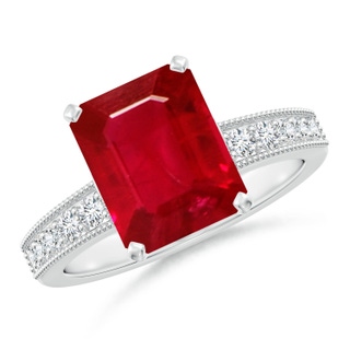 10x8mm AAA Vintage Style Emerald-Cut Ruby Engagement Ring with Accents in P950 Platinum