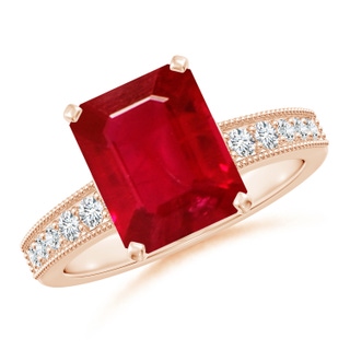 10x8mm AAA Vintage Style Emerald-Cut Ruby Engagement Ring with Accents in Rose Gold