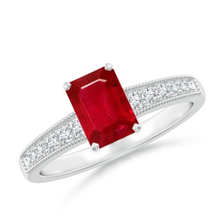 7x5mm AAA Vintage Style Emerald-Cut Ruby Engagement Ring with Accents in White Gold