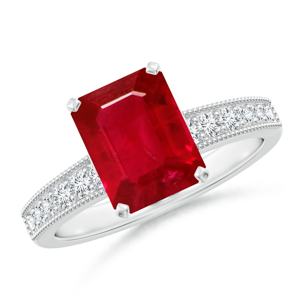 9x7mm AAA Vintage Style Emerald-Cut Ruby Engagement Ring with Accents in White Gold