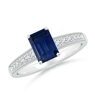 7x5mm AAA Vintage Style Emerald-Cut Blue Sapphire Engagement Ring with Accents in White Gold