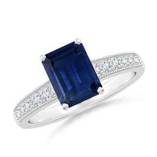 8x6mm AAA Vintage Style Emerald-Cut Blue Sapphire Engagement Ring with Accents in White Gold