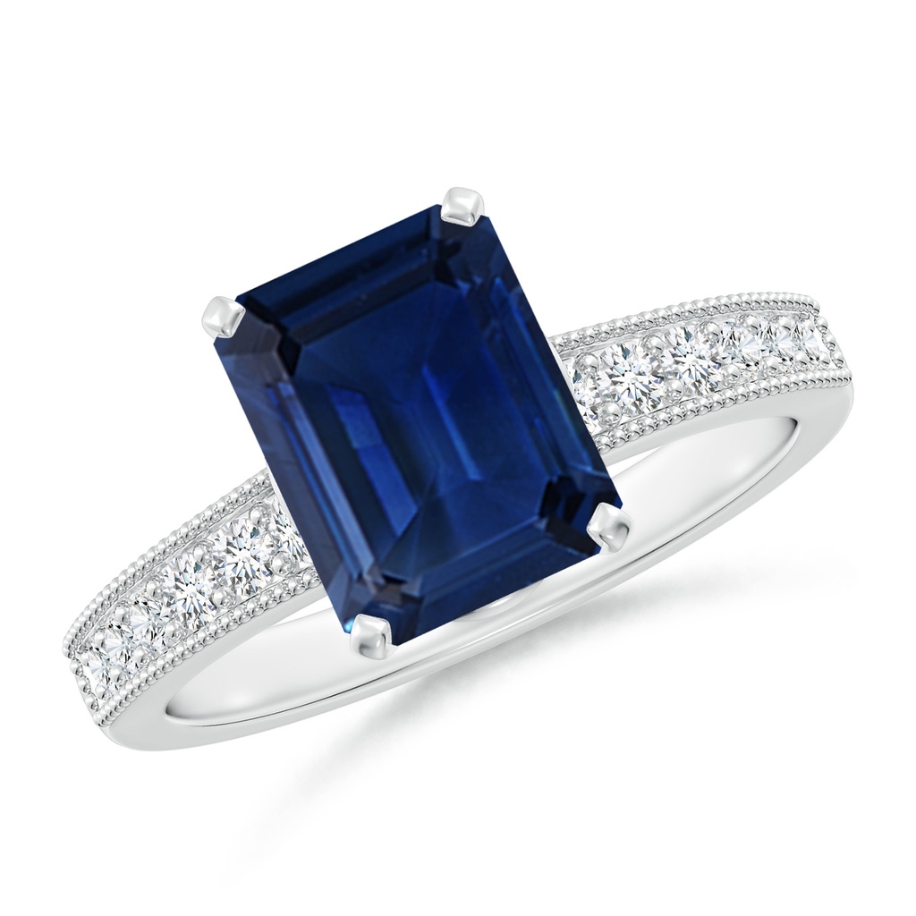 9x7mm AAA Vintage Style Emerald-Cut Blue Sapphire Engagement Ring with Accents in White Gold