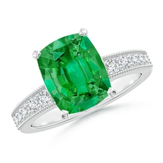 10x8mm AAA Vintage Style Cushion Rectangular Emerald Engagement Ring with Accents in P950 Platinum