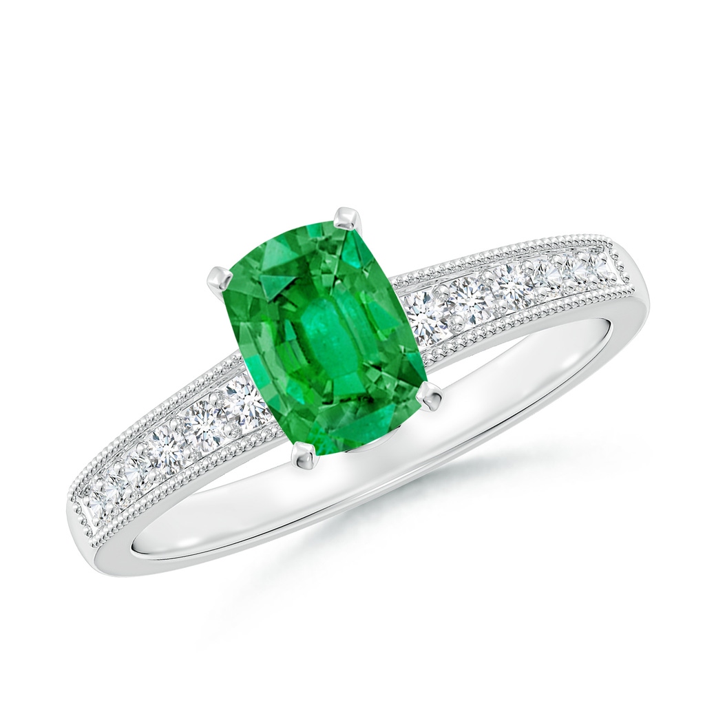 7x5mm AAA Vintage Style Cushion Rectangular Emerald Engagement Ring with Accents in White Gold