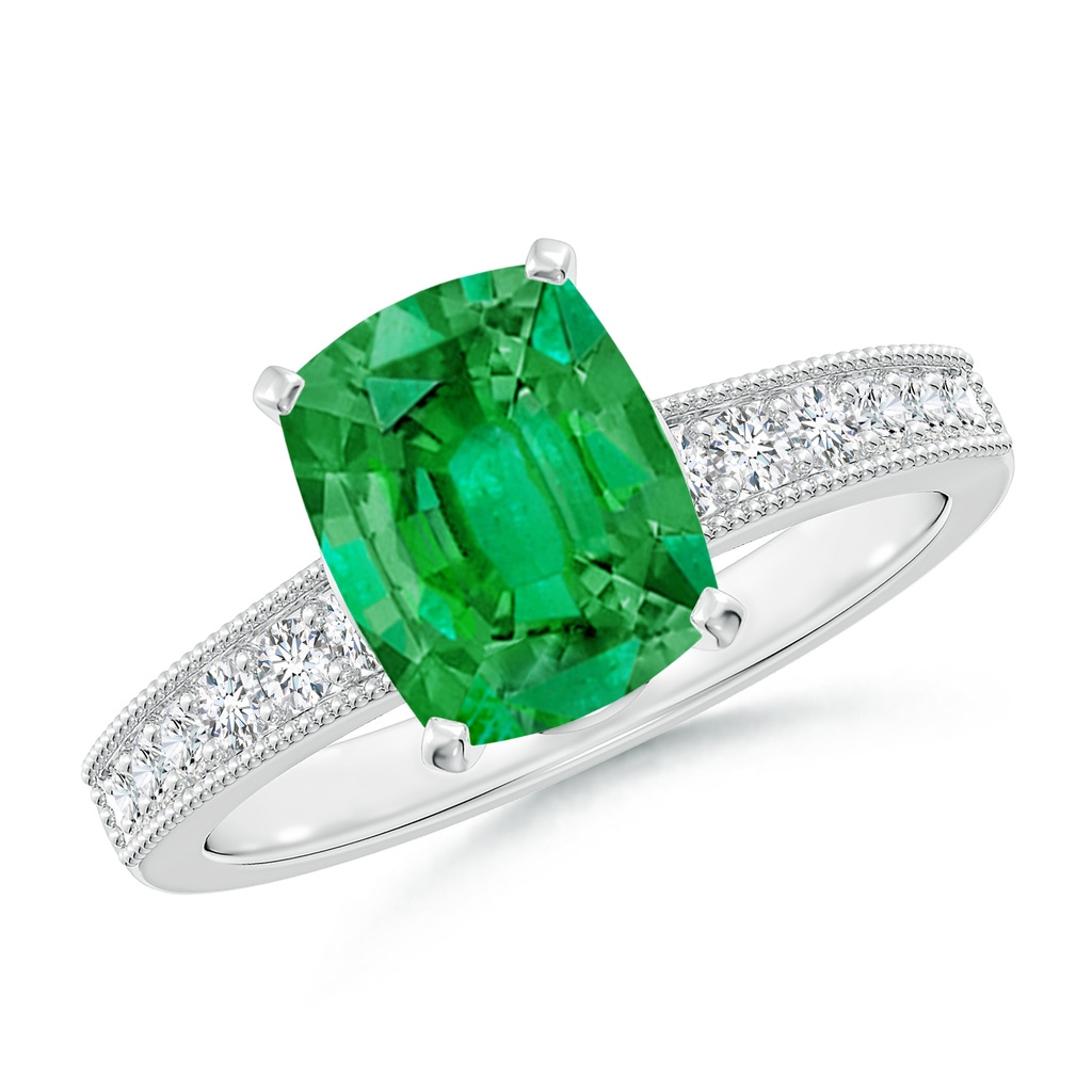 9x7mm AAA Vintage Style Cushion Rectangular Emerald Engagement Ring with Accents in White Gold