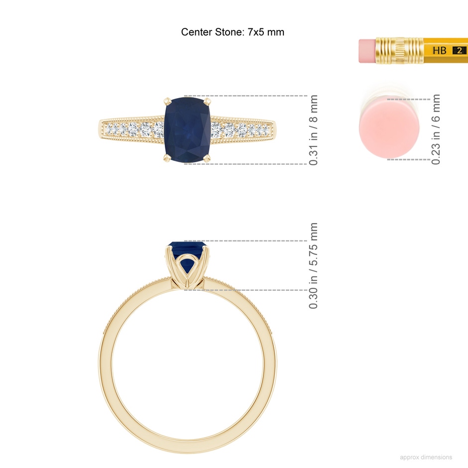 7x5mm A Vintage Style Cushion Rectangular Blue Sapphire Engagement Ring with Accents in Yellow Gold ruler