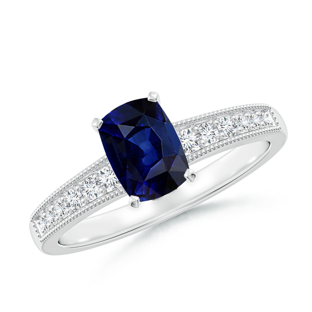 7x5mm AAA Vintage Style Cushion Rectangular Blue Sapphire Engagement Ring with Accents in 18K White Gold