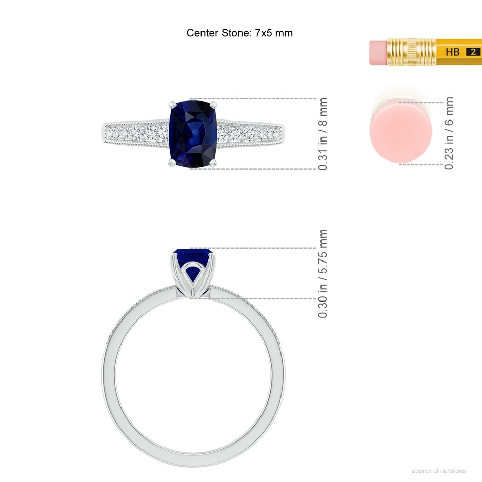 7x5mm AAA Vintage Style Cushion Rectangular Blue Sapphire Engagement Ring with Accents in 18K White Gold ruler