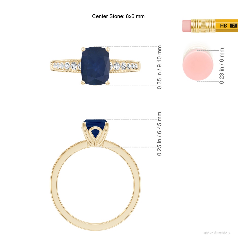 8x6mm A Vintage Style Cushion Rectangular Blue Sapphire Engagement Ring with Accents in Yellow Gold ruler