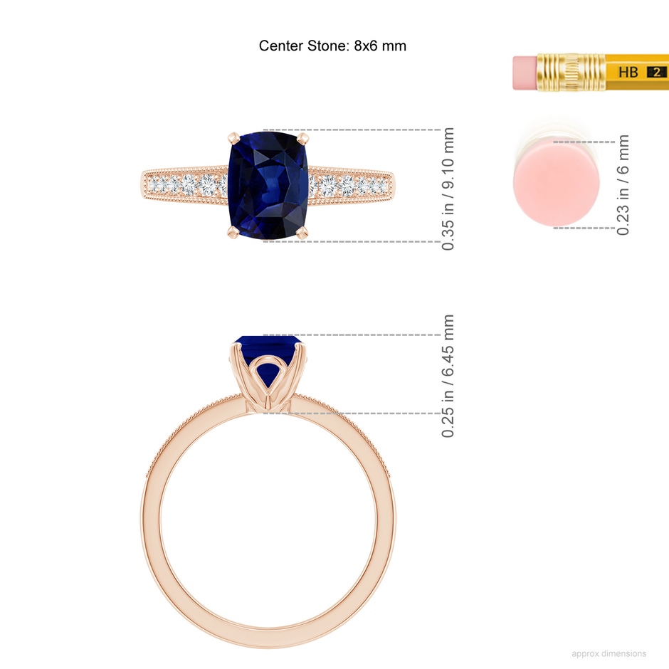 8x6mm AAA Vintage Style Cushion Rectangular Blue Sapphire Engagement Ring with Accents in Rose Gold ruler