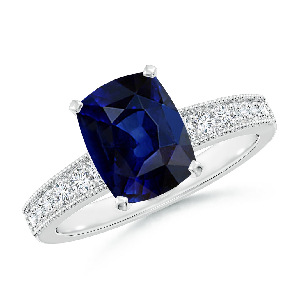 9x7mm AAA Vintage Style Cushion Rectangular Blue Sapphire Engagement Ring with Accents in White Gold