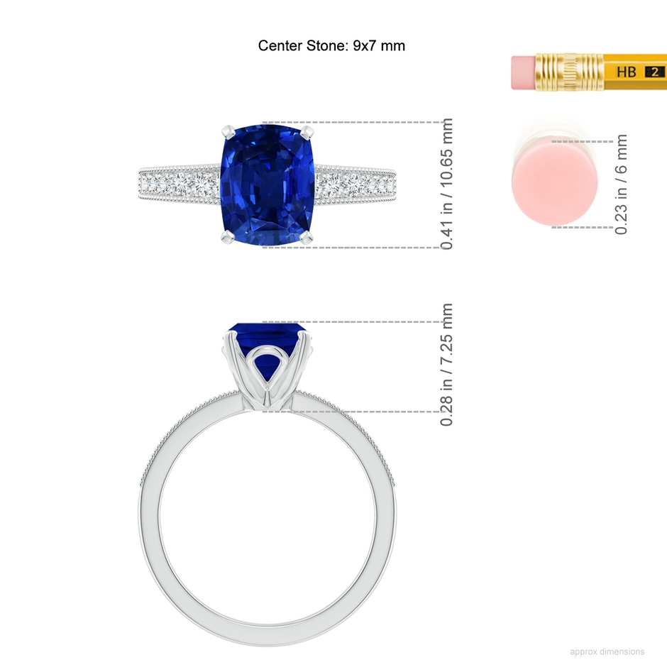 9x7mm Lab-Grown Vintage Style Cushion Rectangular Blue Sapphire Engagement Ring with Accents in White Gold ruler