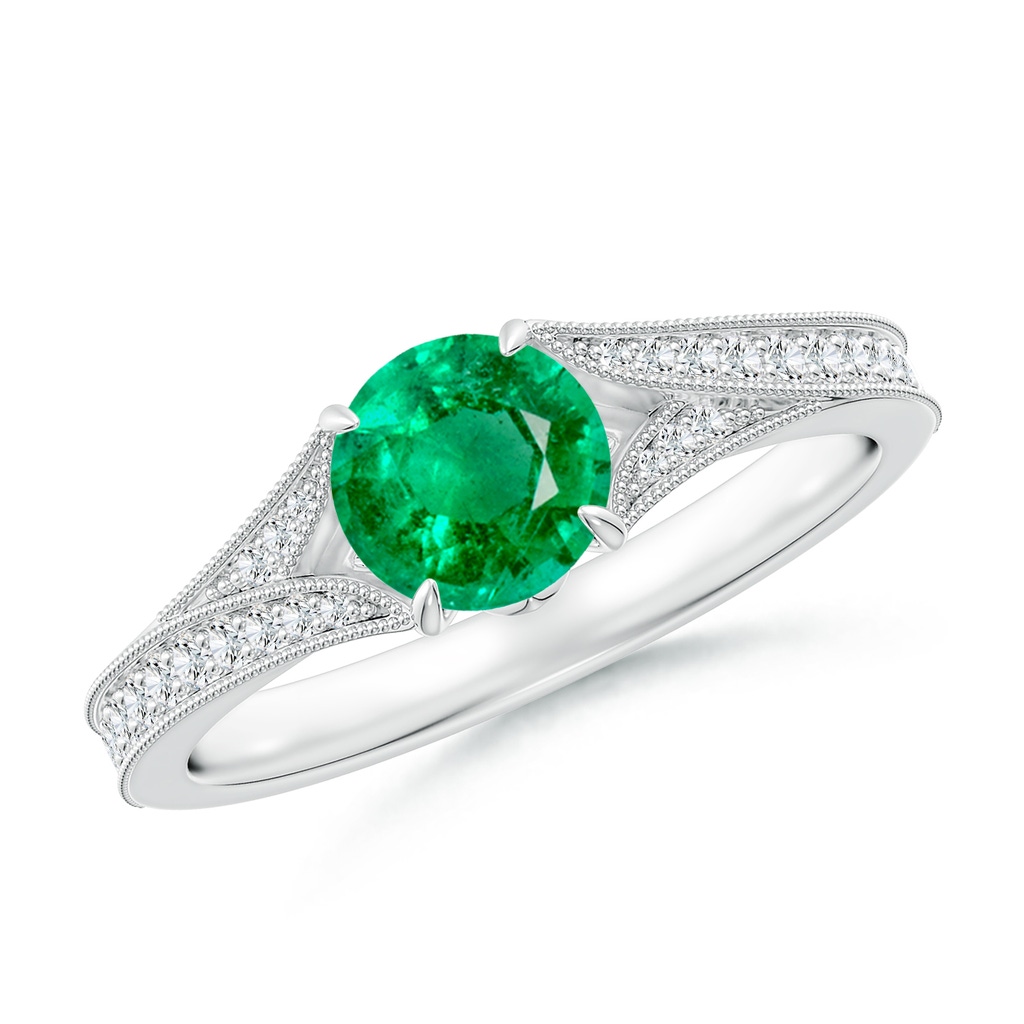 6mm AAA Vintage Inspired Round Emerald Split Shank Engagement Ring in White Gold