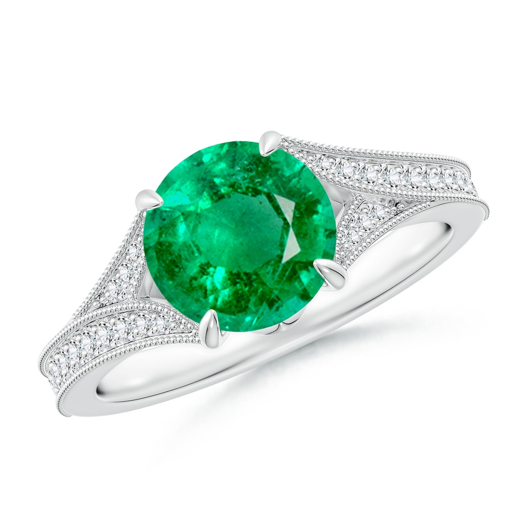 8mm AAA Vintage Inspired Round Emerald Split Shank Engagement Ring in White Gold