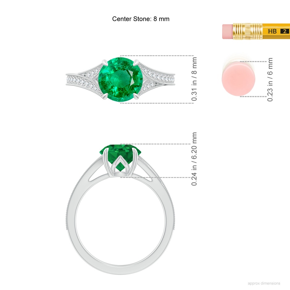 8mm AAA Vintage Inspired Round Emerald Split Shank Engagement Ring in White Gold ruler