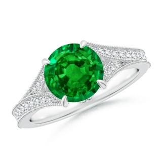 8mm AAAA Vintage Inspired Round Emerald Split Shank Engagement Ring in P950 Platinum