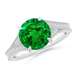 9mm AAAA Vintage Inspired Round Emerald Split Shank Engagement Ring in P950 Platinum